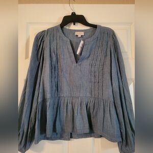 Loft Denim Blue Pleated Blouse. Small. New